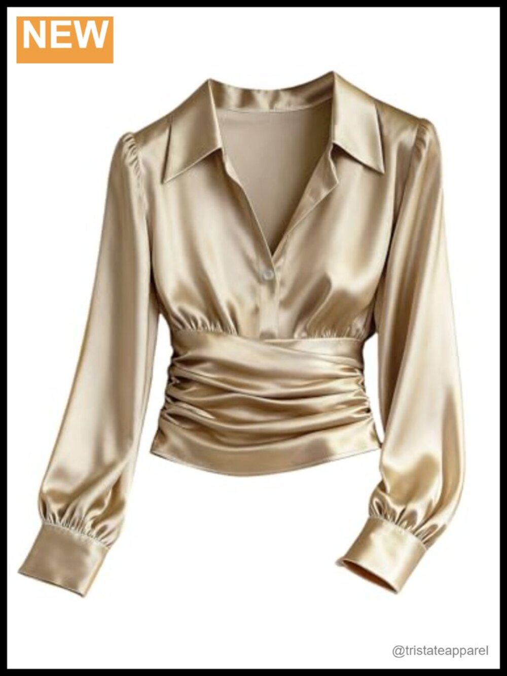 Women's Long Sleeve Satin Blouse Collared V Neck Button Cinched Waist Dressy